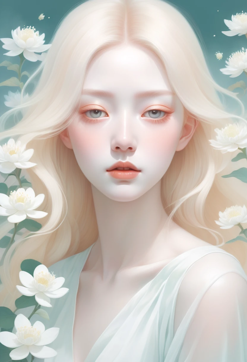 (mist:1.5)，Soft space，Soft tones，dream，Hazy and mysterious，大量mist和白色小花覆盖，Modern illustration elements。Tranquility、Pure atmosphere，blond woman with white flowers covering her face and eyes, inspired by Hsiao-Ron Cheng, inspired by Yanjun Cheng, by Ayami Kojima, by Hsiao-Ron Cheng, by Yanjun Cheng, Guweiz, artwork in the style of Guweiz, by Eizan It&#39;s a gift, cake, james jean and wlop