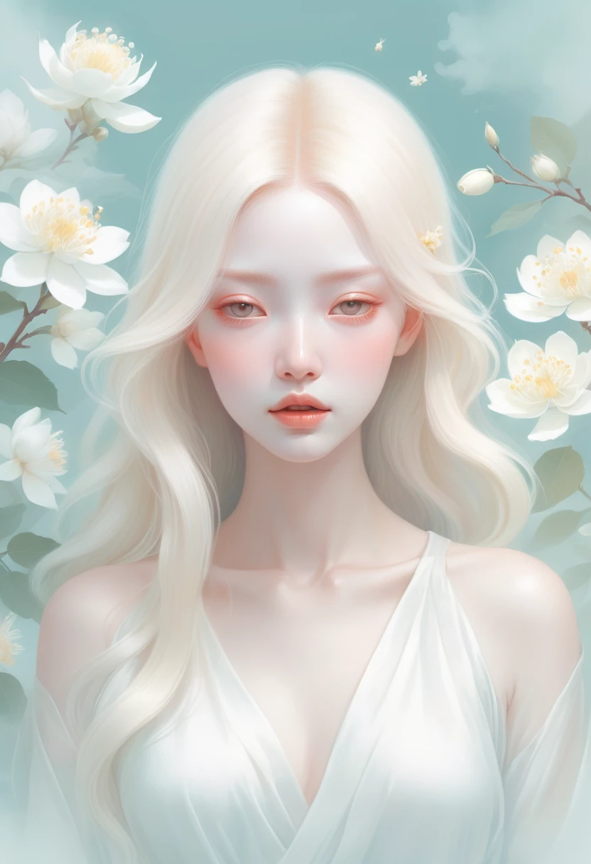 (mist:1.5)，Soft space，Soft tones，dream，Hazy and mysterious，大量mist和白色小花覆盖，Modern illustration elements。Tranquility、Pure atmosphere，blond woman with white flowers covering her face and eyes, inspired by Hsiao-Ron Cheng, inspired by Yanjun Cheng, by Ayami Kojima, by Hsiao-Ron Cheng, by Yanjun Cheng, Guweiz, artwork in the style of Guweiz, by Eizan It&#39;s a gift, cake, james jean and wlop