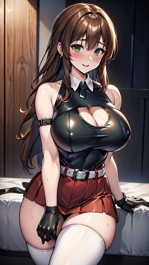 25-year-old wife,light brown hair,side braid,Smile,Large Breasts,cleavage,Sheer red sleeveless top,Leave space in the middle to reveal cleavage,Soaked all over,Blushing,green eyes,Female spy,Red miniskirt,White gloves,White hand sleeves,White boots,Science fiction,Future,robot driver,There is a pistol on the back belt,No bangs,Wearing earrings only on one side,leather neck brace,There is a belt around the waist,Inside the Armored Warehouse
