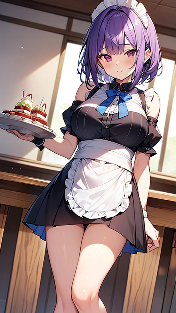 最high quality, high quality, Super detailed, 32k, Ultra-detailed details, waitress(only, Standing, pretty girl, beautiful purple hair, short hair, Beautiful RED eyes, mature, Big Breasts, A light smile, Off-the-shoulder sleeveless Summer メイド服, Summer casual maid clothes, Short skirt, Blue and white color striped underwear, Black knee socks, loafers, My crotch is wet with love juice, 18-year-old,cute), {{A succubus disguised as a waitress approached the target man's sister, peeled off the skin of the sister's face, and stuck it on her own face, becoming the waitress succubus's face., The hem of her skirt is lifted high, exposing her underwear}}, She has transformed from a shy maid into a lewd one., A maid with her sister's face stuck on her face is vigorously pistoning her body, A maid who moves her body vigorously without caring if her breasts bounce, Super detailed, indoor, Full body image, ((Head to Toe:1.3)), NSFW