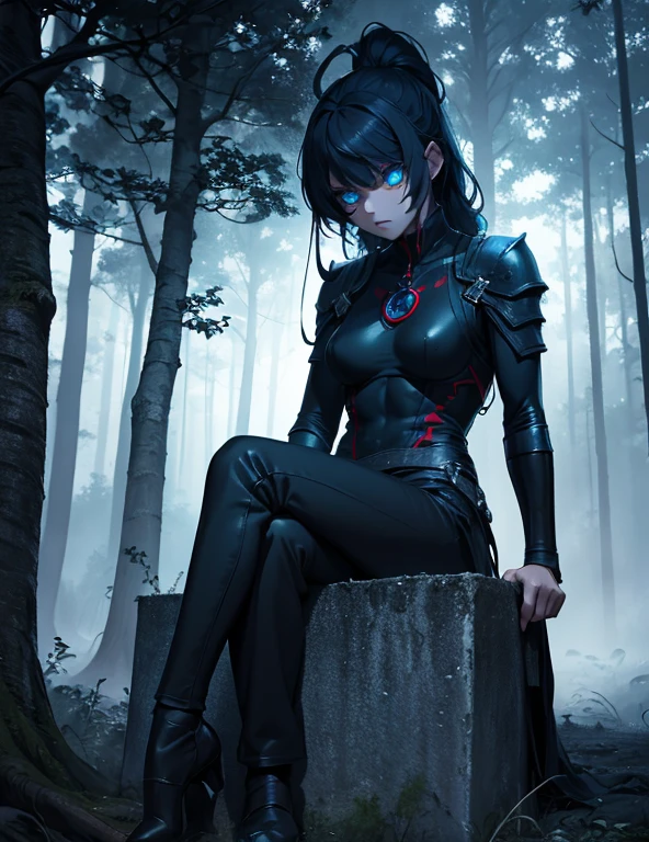 1 only, woman,Capture,, Muscular body,, Glowing blue eyes, Sitting with the tree,,Dark soul,,Cemetery,,Dark black pants, Dark black rose, scary , Fantasy forest,Red Moonlight, Scary cinematic shot,((Tafah, Best quality, )),