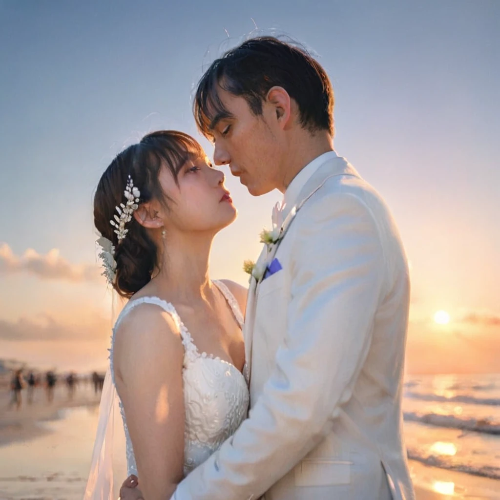 cinematographic style, cinematography, Tyndall effect, a beautiful couple standing forehead to forehead on a beach at sunset, the groom wearing a white tuxedo, the bride wearing a pristine white wedding dress, backlit, raytraced, rim lighting, hard shadow, (best quality,4k,8k,highres,masterpiece:1.2),ultra-detailed,(realistic,photorealistic,photo-realistic:1.37),HDR,UHD,studio lighting,ultra-fine painting,sharp focus,physically-based rendering,extreme detail description,professional,vivid colors,bokeh, フィルムグレイン