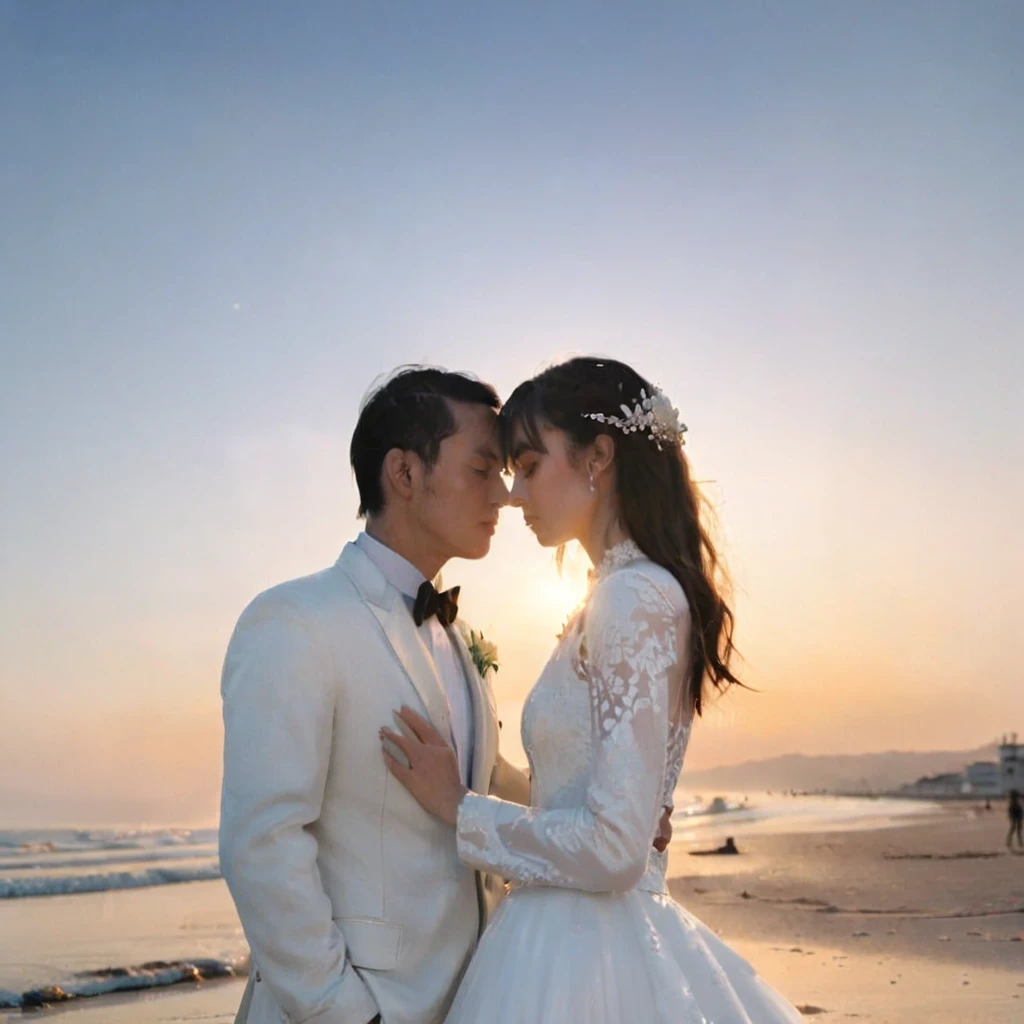 cinematographic style, cinematography, Tyndall effect, a beautiful couple standing forehead to forehead on a beach at sunset, the groom wearing a white tuxedo, the bride wearing a pristine white wedding dress, backlit, raytraced, rim lighting, hard shadow, (best quality,4k,8k,highres,masterpiece:1.2),ultra-detailed,(realistic,photorealistic,photo-realistic:1.37),HDR,UHD,studio lighting,ultra-fine painting,sharp focus,physically-based rendering,extreme detail description,professional,vivid colors,bokeh, フィルムグレイン