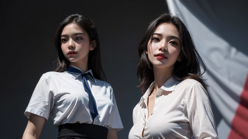 best quality, masterpiece, (photorealistic:1.4), 3 girl, light smile, shirt with collars, waist up, dramatic lighting, from below, posing singer, Flag of Vietnam background