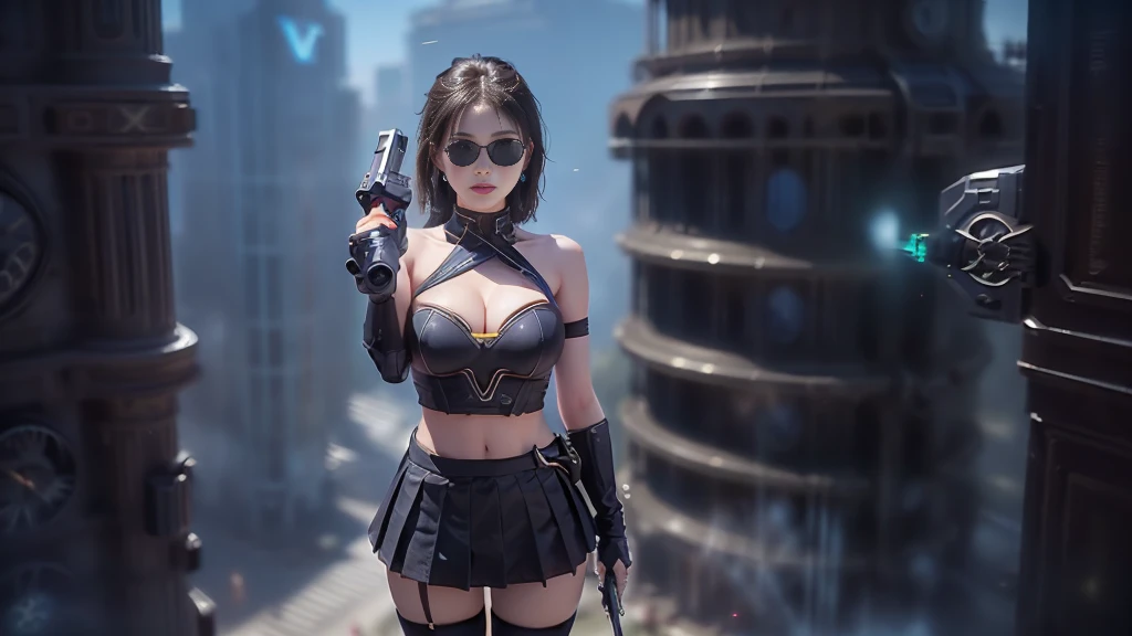 (aerial view). at night, futuristic sci-fi cyberpunk city, broad viaduct, skyscrapers at the end of the viaduct, the movie "13th Floor" style, (((((voltex-spirit-spreading giant clock tower as time machine))))), hq. Matrix style, at night, (1girl, solo), photo realistic, (large-breast:1.2 slim body, cleavage:1.3), (((tube top, extreamly short pleated (((miniskirt)))))), (((((matrix style black sunglasses))))), (((((aiming at camera with a (short:0.8 pistol)))))), (((half-body (thigh level) medium shot))), (cinematic lighting).