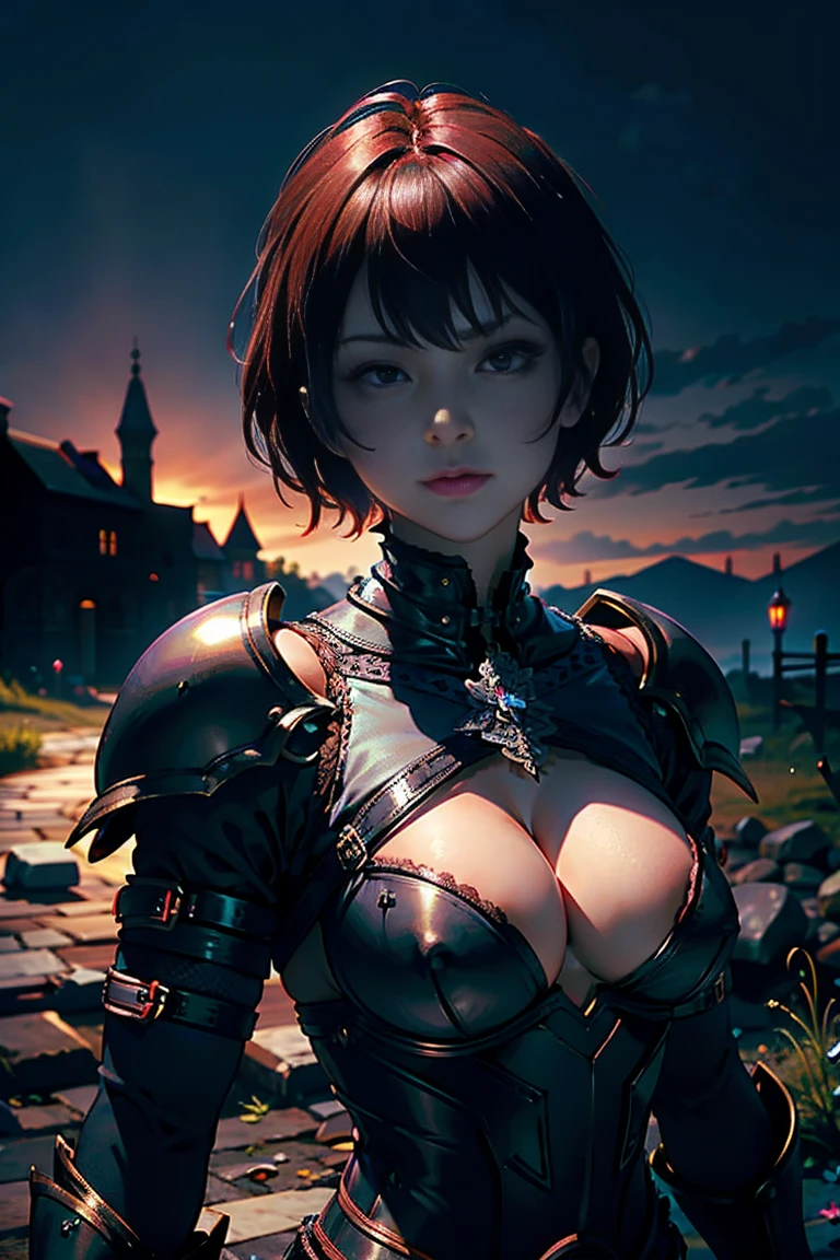 8k, (Ultra-detailed,high resolution,dark,fantasy:1.2), red short hair, Black chest open armor , warrior, medieval town, darkness, epic, Surrealism, Upper body, (laying on ground), epic, narrate,darkness , horrible, It's raining, huge breasts,armor,pink hair,ruins, sword(covered ass, blue lace bustier babydoll netted nightie))((bending, bend over, pov from back,