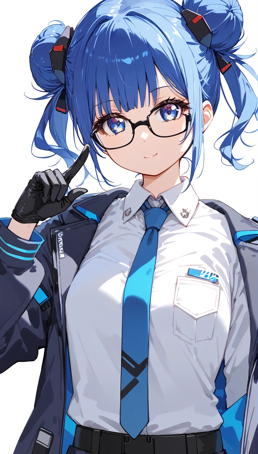 1girl, solo, chest, tie, hair bun, simple background, white background, blue eyes, jacket, looking viewer, anime character in futuristic outfit with white shirt, hair ornament, blue hair, collared shirt, glasses and tie, chic, of a cute anime girl, twin tails white_glove, with index finger, very detailed body