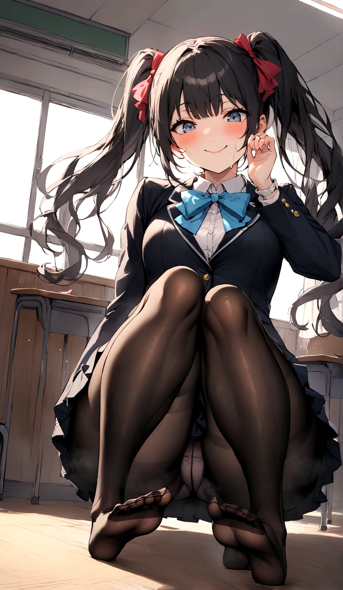 Gal High School Girl、One girl in a mini skirt, Squat with your legs wide apart、Looking down at the viewer, Twin tails, Highest quality, Focus on the thighs, Dynamic pose, smile, blazer, blouse, Black Pantyhose, panties under pantyhose, , classroom, Black Hair,My thighs are steaming between the legs 、Sweaty pantyhose、Show the soles of your feet here、My feet are stuffy