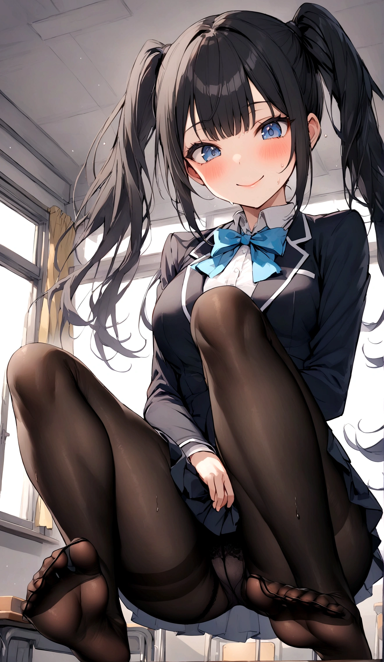 Gal High School Girl、One girl in a mini skirt, Squat with your legs wide apart、Looking down at the viewer, Twin tails, Highest quality, Focus on the thighs, Dynamic pose, smile, blazer, blouse, Black Pantyhose, panties under pantyhose, , classroom, Black Hair,My thighs are steaming between the legs 、Sweaty pantyhose、Show the soles of your feet here、My feet are stuffy