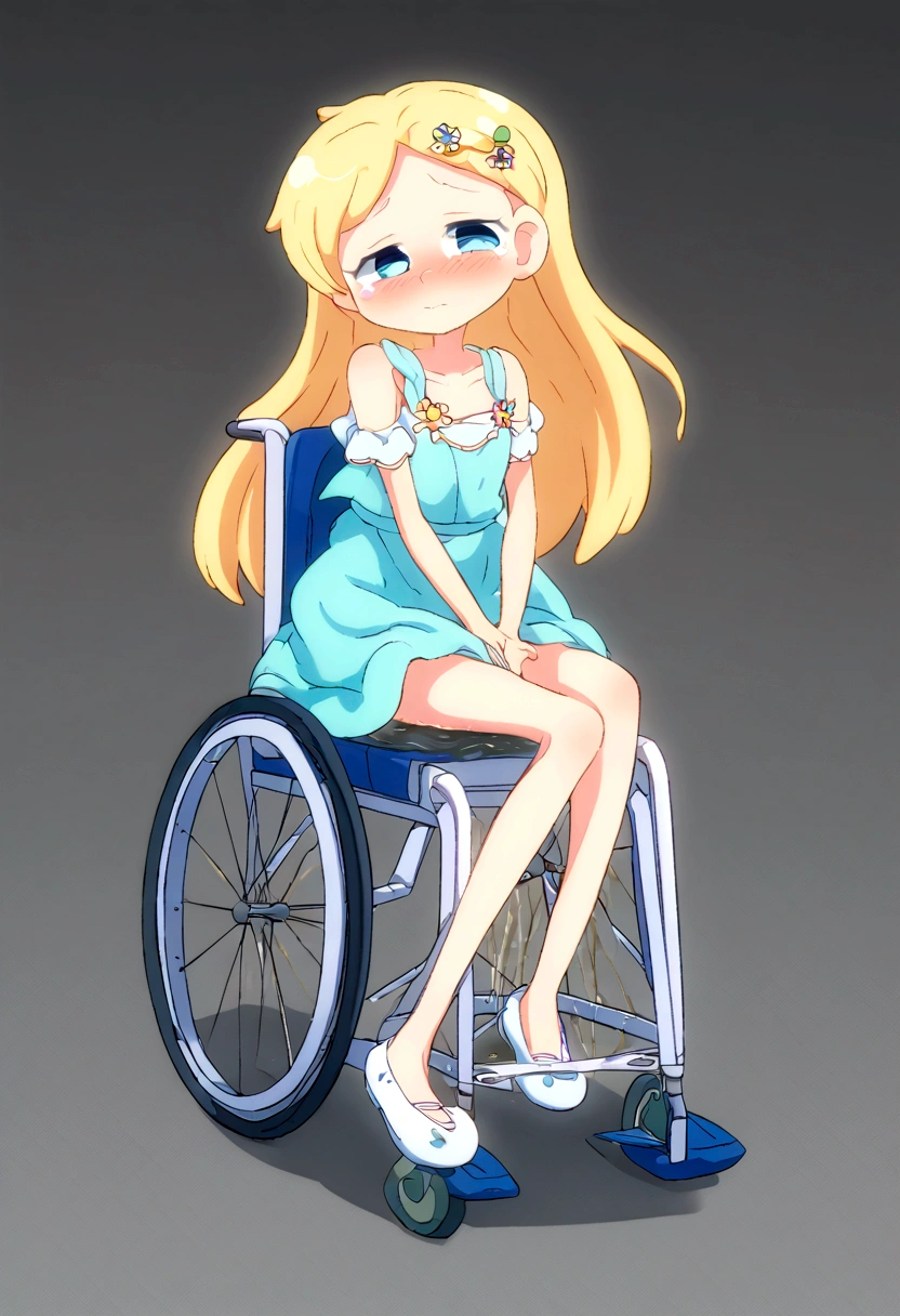 Anime. 1 girl. Baby. Princess. Blonde. Long hair. Blue eyes. Beautiful eyes. Perfect eyes. Expressive eyes. Eyes covered with a faded film. Blind eyes. Blind. Ideal face. Ideal anatomical body. Beautiful long legs. Beautiful body. Beautiful nose. 12 years old. Embarrassment. Blush. Beautiful character design. Shiny skin. Light white dress. Shoes. Hair decorations. Disabled person. Paralytic. Sitting. Wheelchair. Hands on crotch. Urinary incontinence. Wants to pee. She needs to pee. She has a strong, desperate urge to pee. He squeezes his crotch tightly. Rubs copper. Slight lean forward. She peed herself. Fantasy city. A park. Date. He takes off his wet panties. Tears in my eyes. Cry. Snot flows from the nose. Full body. nsfw. Official art. Extremely detailed CG Unity 8k wallpaper. Ideal lighting. Ultra high resolution 4K. Super detailed 8K. A high resolution.