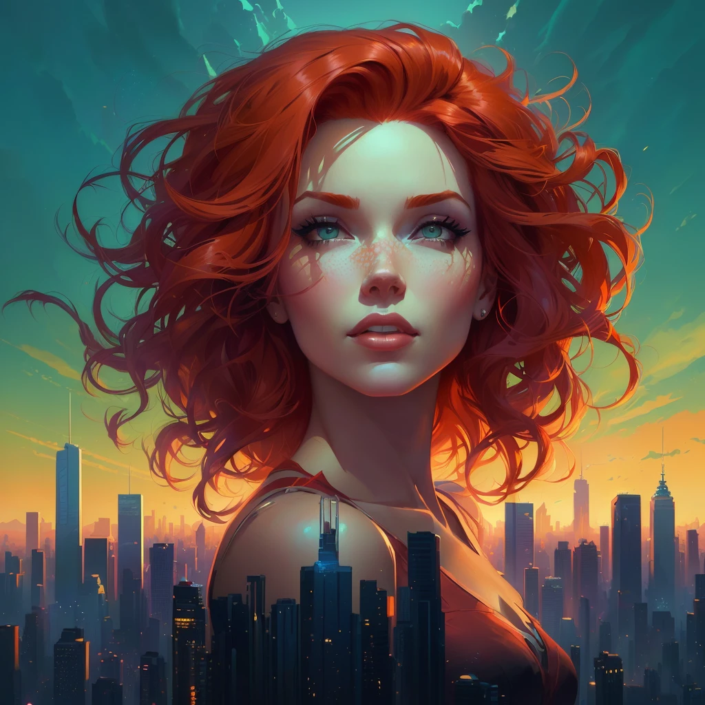 a close up of a woman with red hair in a city, rhads and lois van baarle, martin ansin artwork portrait, inspired by Lois van Baarle, artgerm julie bell beeple, beautiful art uhd 4 k, stunning digital illustration, alice x. zhang, stylized urban fantasy artwork, jen bartel, beautiful digital artwork