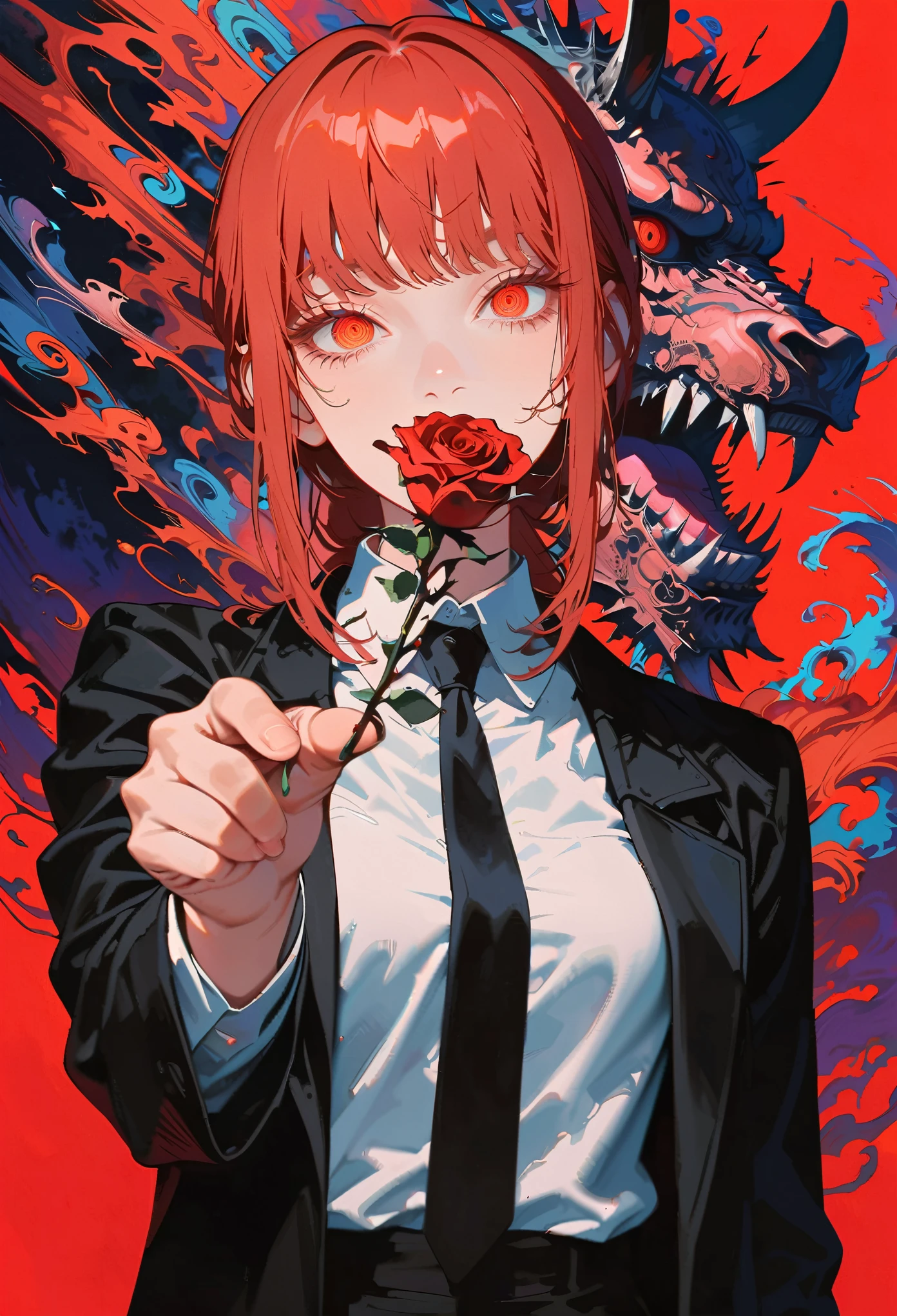 Style 9，1woman, makima \(chainsaw man\), some chains in background, black jacket, black necktie, black pants illustration，red background，whole body，holding a red rose in hand，profile，view at viewer, red eyes, high detailed wallpaper, high quality, masterpiece