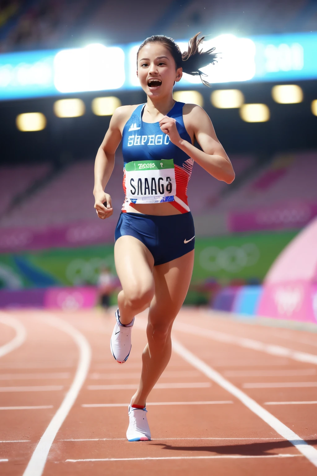Racing on track, Sprinters in the race, High speed sports photos, Pictures from the Olympics, Victory lap, Winning sports photos, Summer Olympics footage, Winning shots, (best quality, masterpiece, highres:1.2), detailed, 