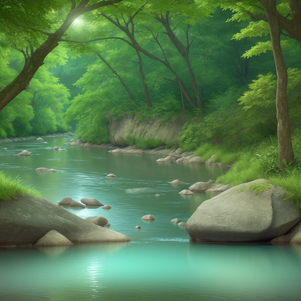 The river is beautiful The light is shining Vast clear waters Quietness Just looking at the picture makes me hear the sound of the river