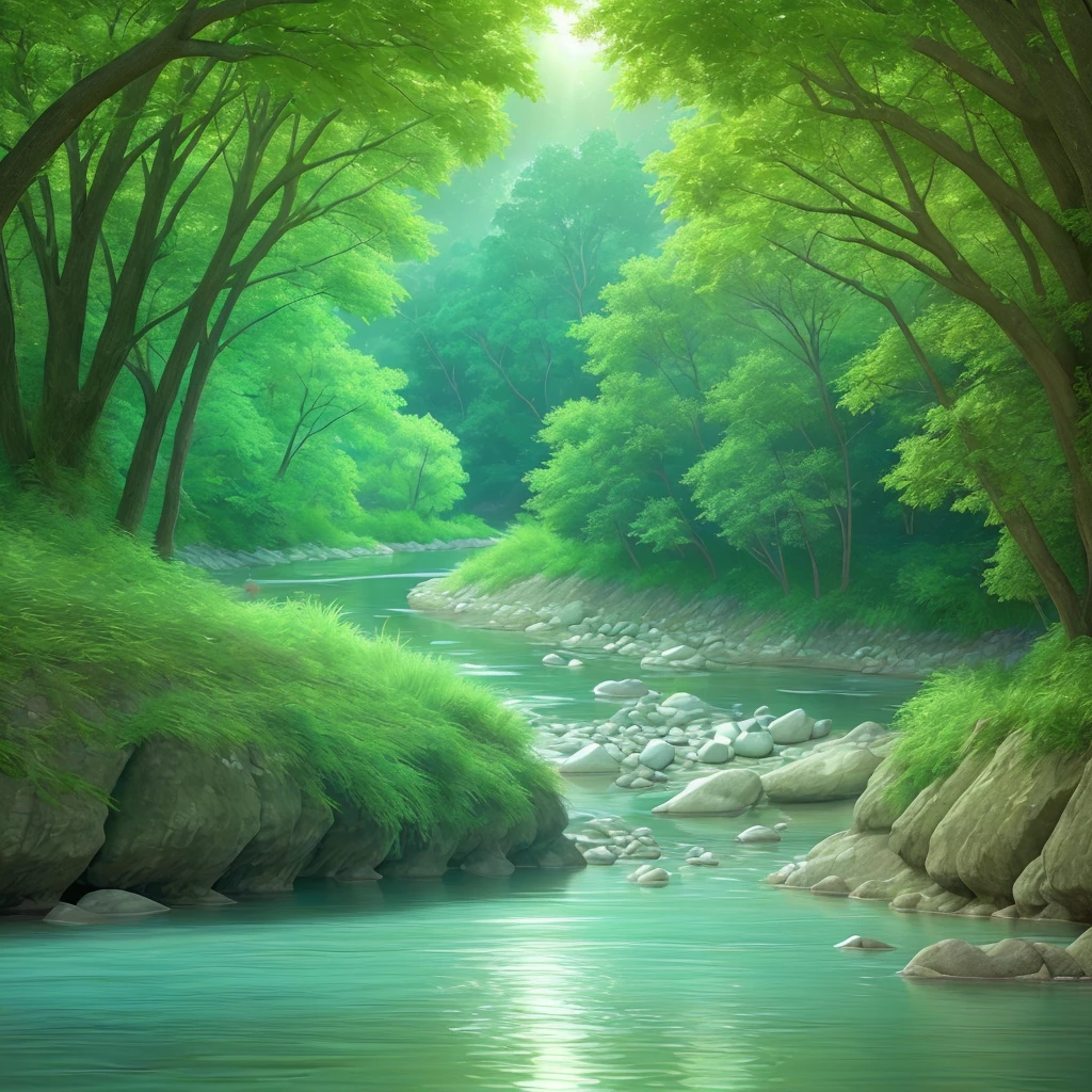 The river is beautiful　The light is shining　Vast clear waters　Quietness　Just looking at the picture makes me hear the sound of the river