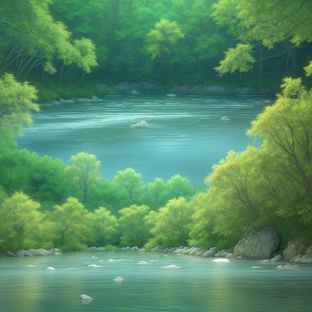 The river is beautiful The light is shining Vast clear waters Quietness Just looking at the picture makes me hear the sound of the river