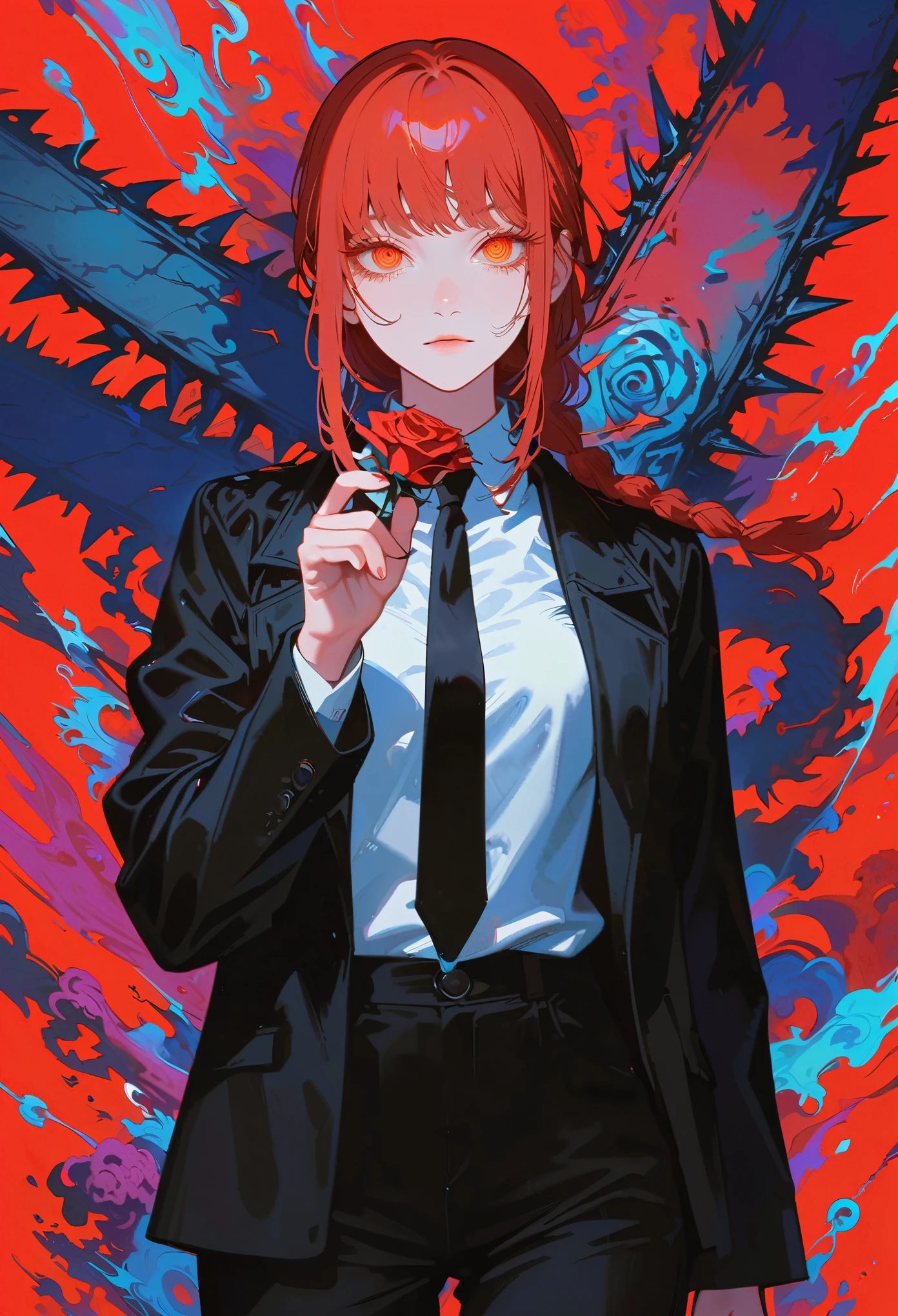 Style 9，1woman, makima \(chainsaw man\), chainsaw man, black jacket, black necktie, black pants illustration，red background，whole body，holding a red rose in hand，profile，view at viewer, red eyes, high detailed wallpaper, high quality, masterpiece