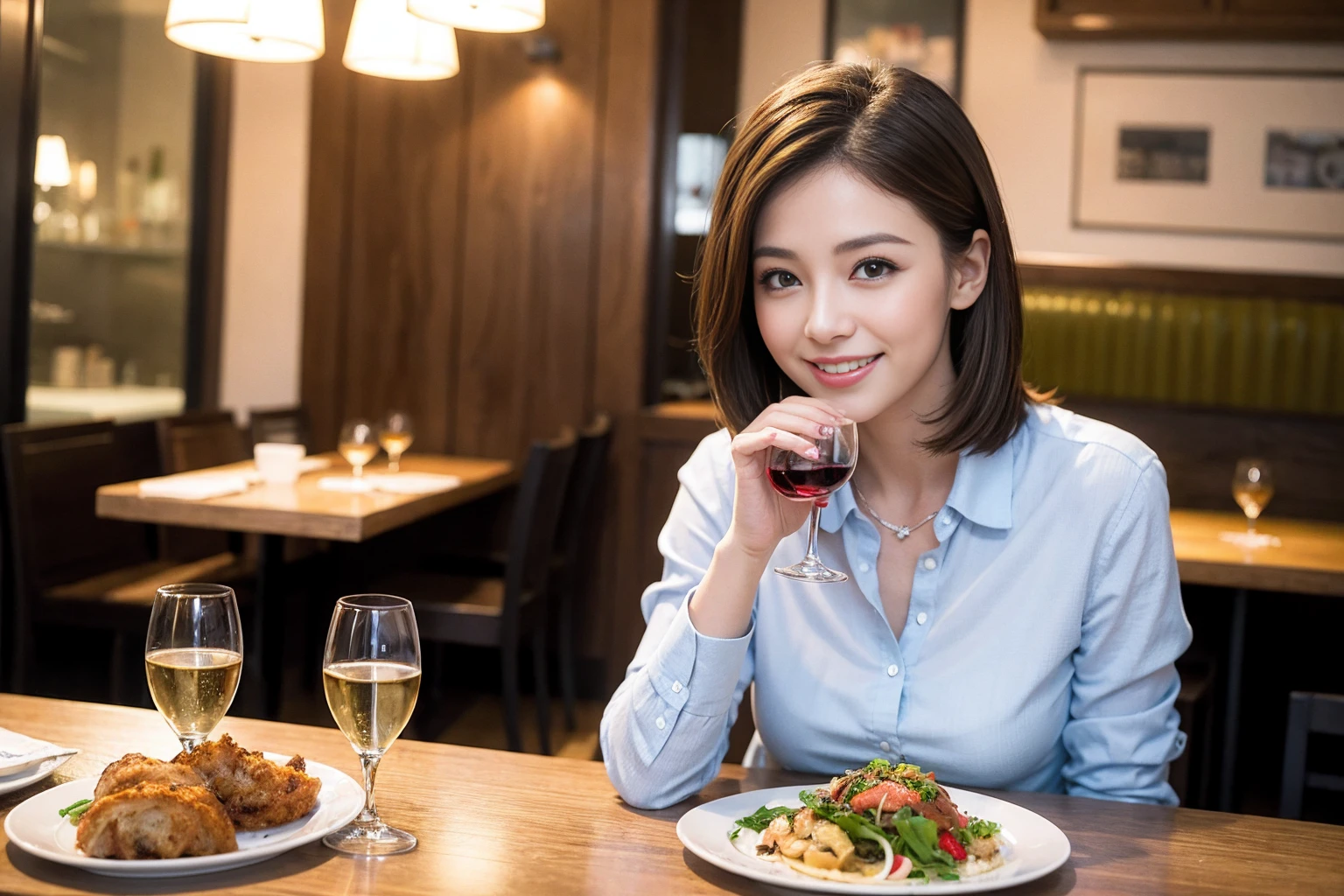 ((Highest quality、8K、masterpiece:1.3))、slimカップル、modelカップル、(Realistic, Intricate details:1.2), full-course dinner、Wine Party、Amazing view of the sunset sky and clouds、A bright smile、The wonderfulness of smile、Bright image、The beauty of wine, Beautiful Face, blue eyes, The light shines on your face, Blushing, short hair,Bright Face、 (Age 37), 39 years old, red wine 、Appetizers、Italian food、Wine bottle、Champagne、sparkling wine、Two beauties、Brown Hair、Shortcuts、Long sleeve shirt、dress、Beautiful woman 1, (slimな顔), (The body is slim), (Brown Hair), (Shortcuts), cheeks turn a little red,Attractive beauty、restaurant, In a prominent place (From the waist up) Nova Frog Style, actress, model, Upper Body, White wine, slim, wine glass, 中央に置かれたwine glass, smile, (smile: 1.15), Beautiful fine grain, Depth f/2,saturation, High Contrast, Strong light and shadow,Moist Body:1.5、3D texture、Delicate eyes、Brown Hair、The hair is very shiny、