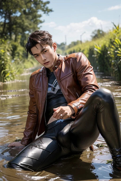 ((best quality)), ((masterpiece)), (detailed）Super hero，male，Crotch bulge，Handsome youth，Wearing Ultraman Tiga tight leather jacket，After being defeated, he fell into the mud swamp。