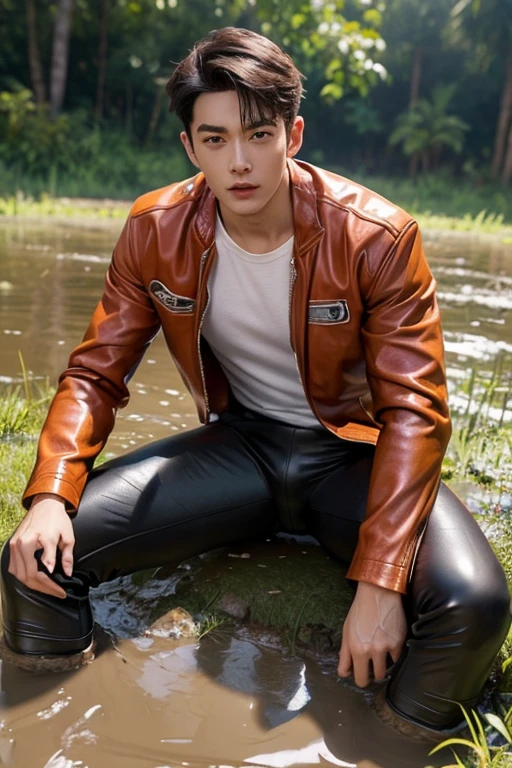 ((best quality)), ((masterpiece)), (detailed)Super hero,male,Crotch bulge,Handsome youth,Wearing Ultraman Tiga tight leather jacket,After being defeated, he fell into the mud swamp。