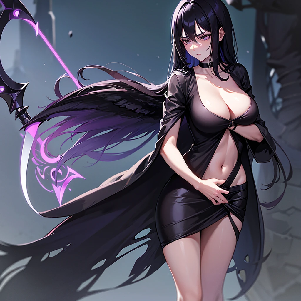 one Women (The chest is just right.)Long black hair, black eyes, wearing a black-purple Cool . Holding a cool angel's scythe and releasing dark magic in one hand. (She made a sleepy face while standing in the park after dark.)