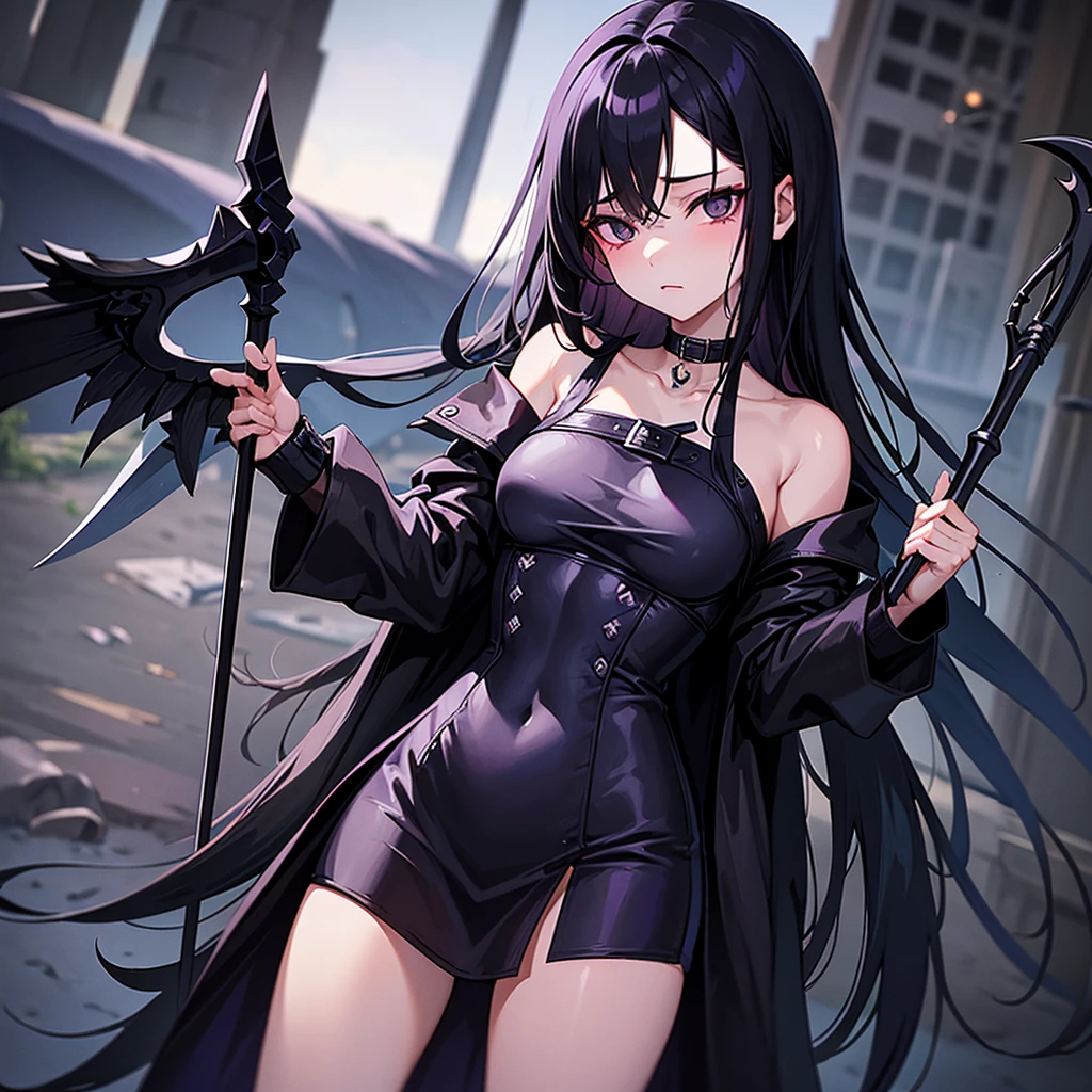 sexy woman, petite, perfect body shape, small breast, holding giant scythe, battle suit outfit, silver color breast plate, battle skirt, (royal cape:1.1), main color is matte black, secondary color is purple, ((wet and bloody body detailed)), sexy and devil aura, original character, masterpieces, seducing purple pupil, black high pony tail with some purple hair, 20 years old, walking under moon and middle of the destroyed street, high quality anime 4k wallpaper, purple gem accessories, golden belt, golden necklace, windy and holy effect, crotch tattoo.