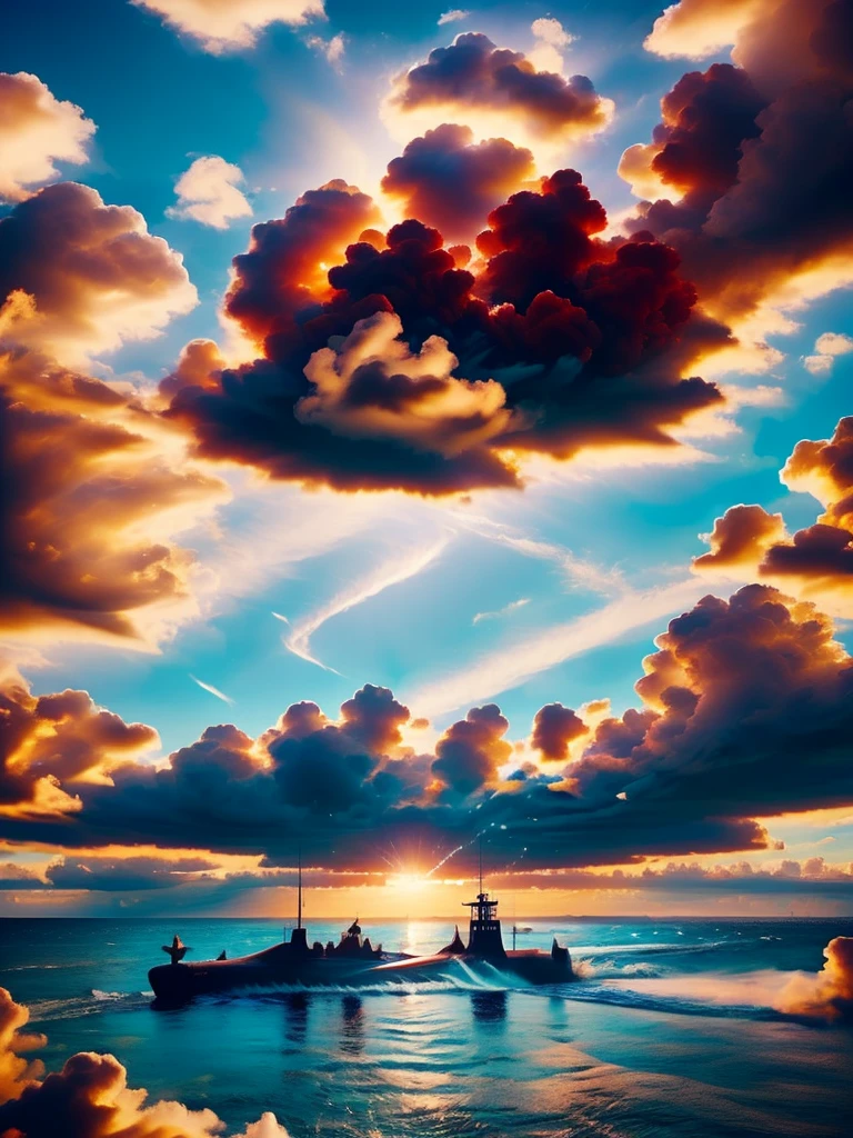 Blue ocean, blue sky and white clouds, red submarine, good quality, very details, red submarine, good weather, sunshine, clear vibe, blue theme, day time, light,  beautiful epic picture
