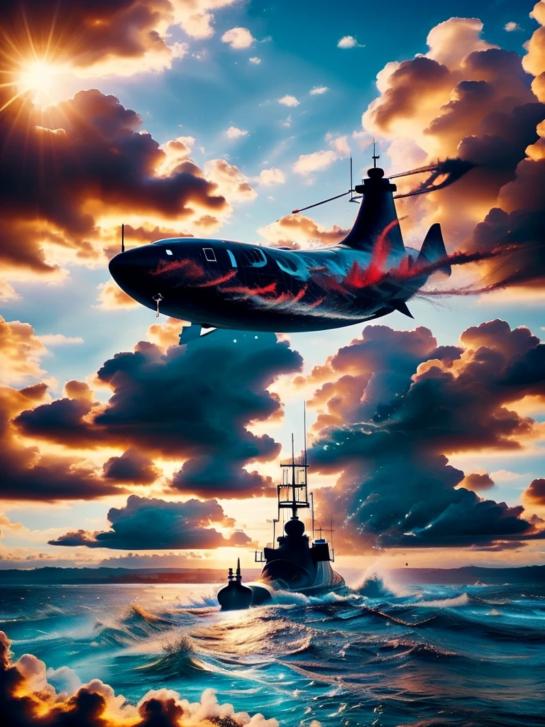 Blue ocean, blue sky and white clouds, red submarine, good quality, very details, red submarine, good weather, sunshine, clear vibe, blue theme, day time, light,  beautiful epic picture
