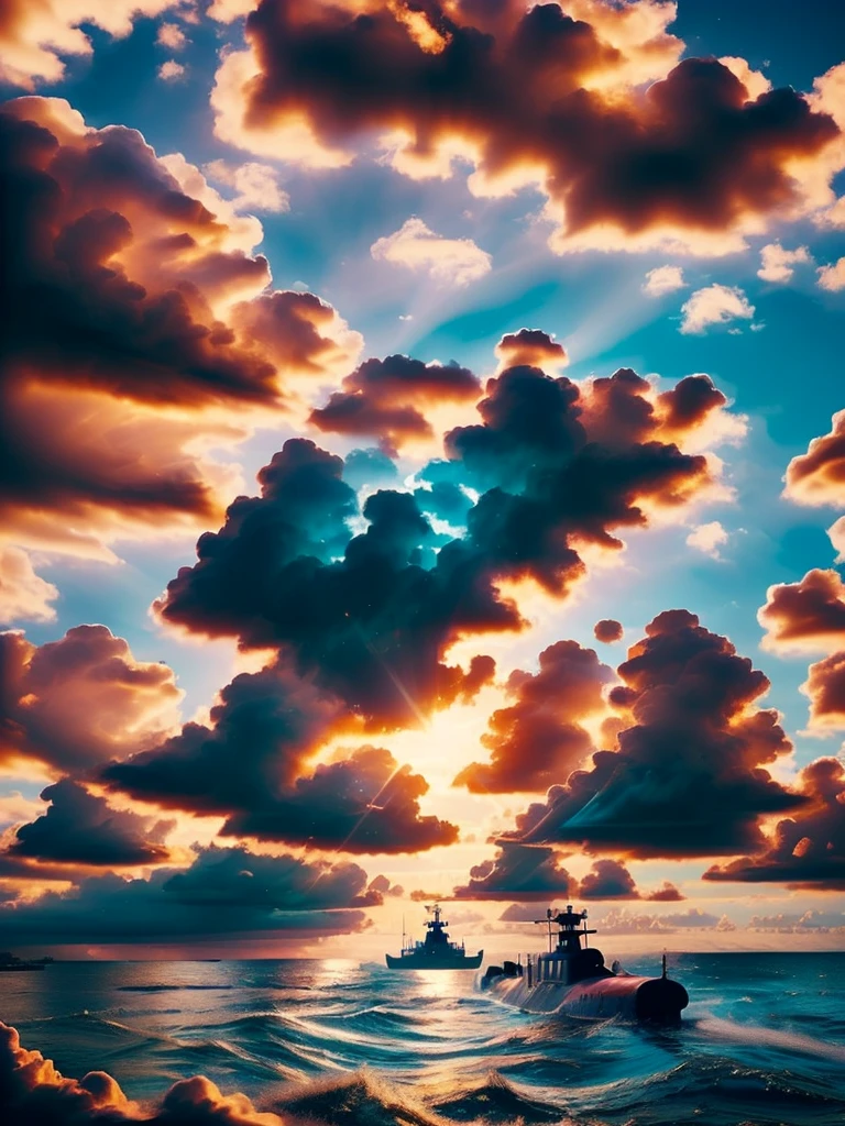 Blue ocean, blue sky and white clouds, red submarine, good quality, very details, red submarine, good weather, sunshine, clear vibe, blue theme, day time, light,  beautiful epic picture
