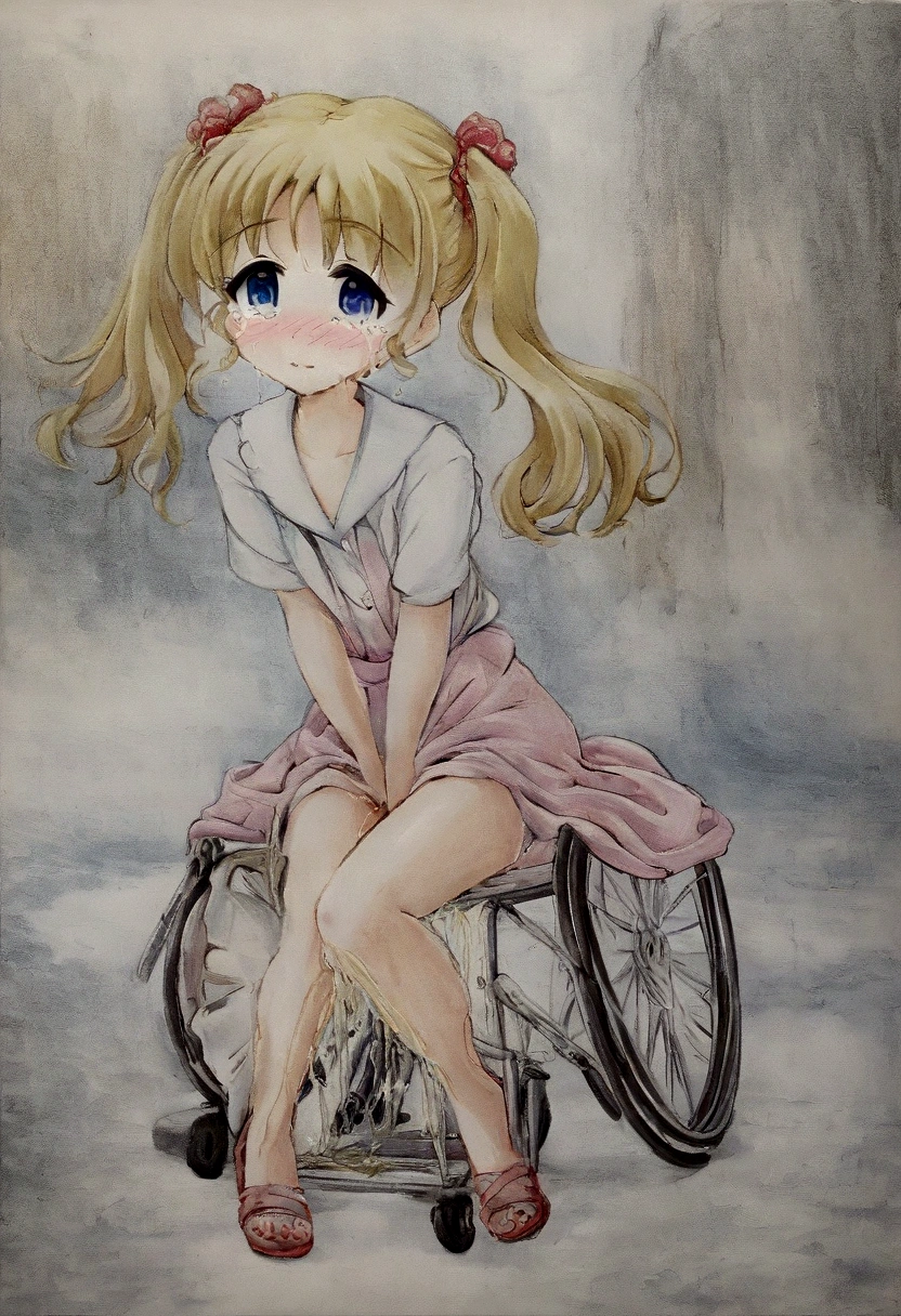 Anime. 1 girl. Baby. Princess. Blonde. Long hair. Blue eyes. Beautiful eyes. Perfect eyes. Expressive eyes. Eyes covered with a faded film. Blind eyes. Blind. Ideal face. Ideal anatomical body. Beautiful long legs. Beautiful body. Beautiful nose. . Embarrassment. Blush. Beautiful character design. Shiny skin. Light white dress. Shoes. Hair decorations. Disabled person. Paralytic. Sitting. Wheelchair. Hands on crotch. Urinary incontinence. Wants to pee. She needs to pee. She has a strong, desperate urge to pee. He squeezes his crotch tightly. Rubs copper. Slight lean forward. She peed herself. Fantasy city. A park. Date. He takes off his wet panties. Tears in my eyes. Cry. Snot flows from the nose. Full body. nsfw. Official art. Extremely detailed CG Unity 8k wallpaper. Ideal lighting. Ultra high resolution 4K. Super detailed 8K. A high resolution.