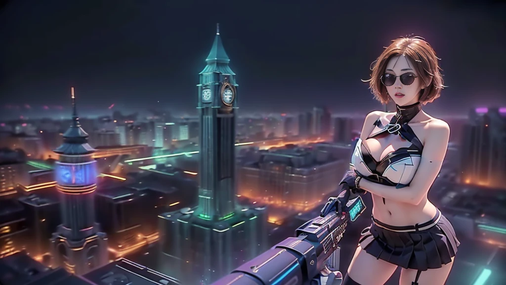 (aerial view). at night, futuristic sci-fi cyberpunk city, broad viaduct, skyscrapers at the end of the viaduct, the movie "13th Floor" style, (((((voltex-spirit-spreading giant clock tower as time machine))))), hq. Matrix style, at night, (1girl, solo), photo realistic, (large-breast:1.2 slim body, cleavage:1.3), (((tube top, extreamly short pleated (((miniskirt)))))), (((((matrix style black sunglasses))))), (((((aiming at camera with a (short:0.8 pistol)))))), (((half-body (thigh level) medium shot))), (cinematic lighting).