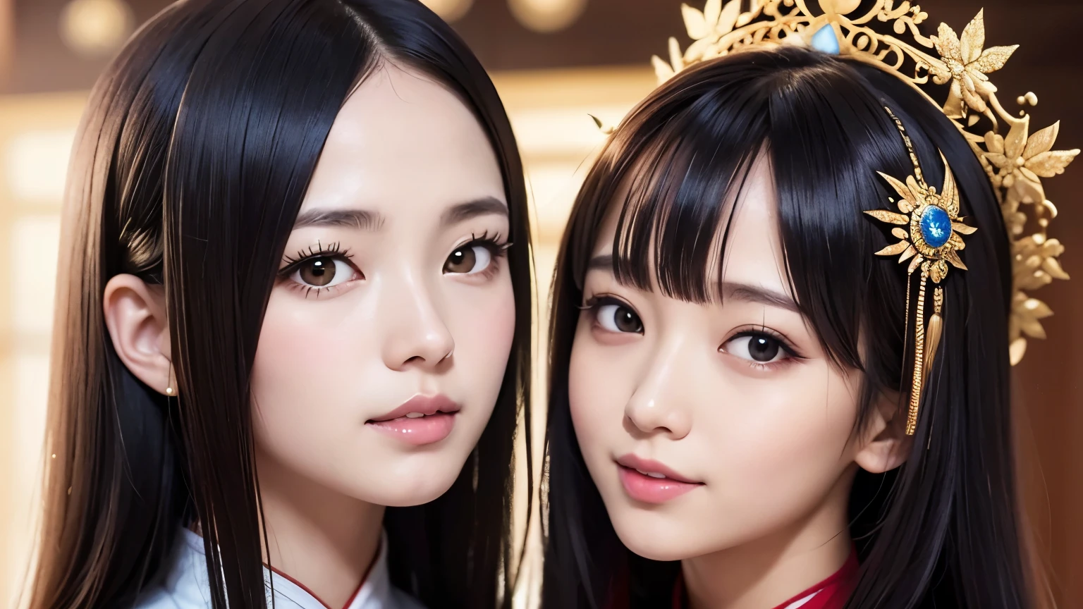 Tanabata, Orihime and Hikoboshi, twinkling stars, Milky Way, black hair, court, female Orihime in noble clothes like Chinese royalty wear, long hair, male Hikoboshi in Chinese Han clothes, holding hands and looking at each other, mystical effect, masterpiece, top quality, ultra-detailed, super detailed, 4K, 8K, ((clearly drawn face)), ( Beautiful detailed eyes, super detailed skin))