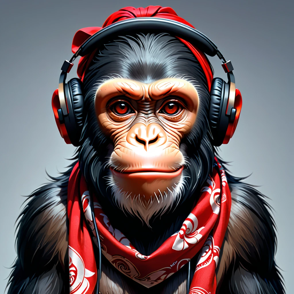 three Monkey wearing headphones and bandanas with a red bandana, concept art, inspired by Alex Petruk APe, zbrush central competition winner, funk art, Monkey, bored monkey nft, In the style of primitive apes, high quality work of art, Animal-style head, extremely high quality work of art, Hear no evil, Wojtek fus, Bipl!!, monkey render