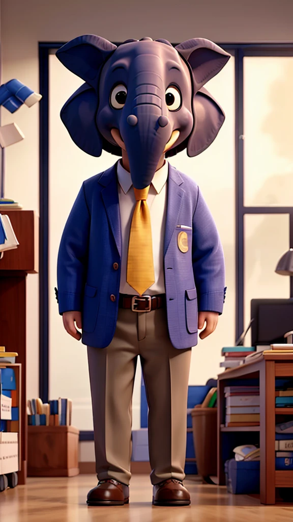 An elephant in office clothes is standing in a hospital