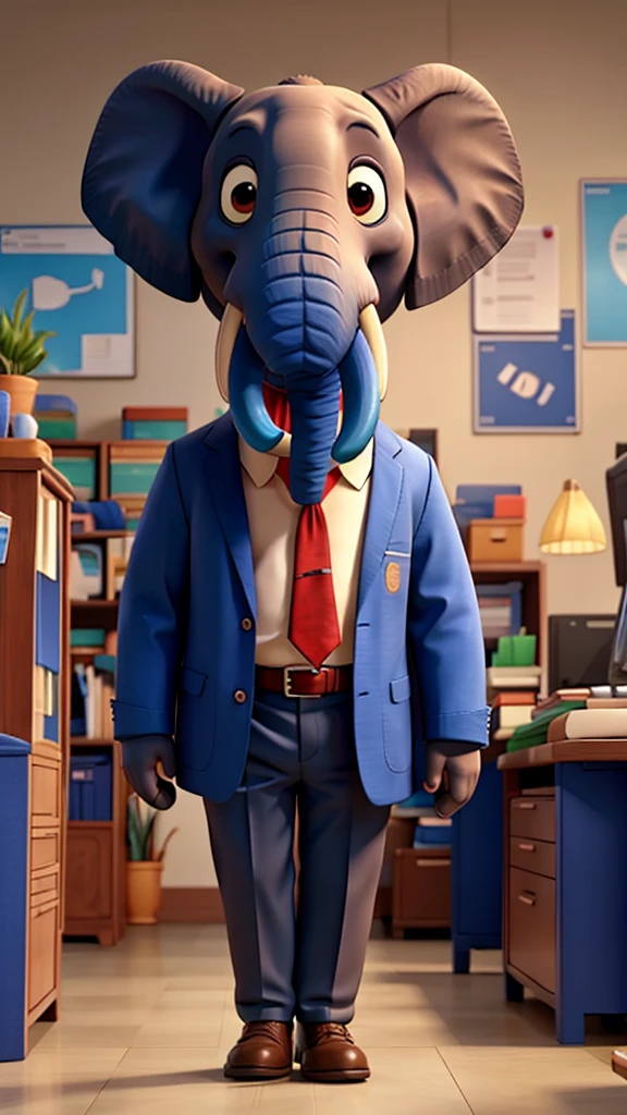 An elephant in office clothes is standing in a hospital