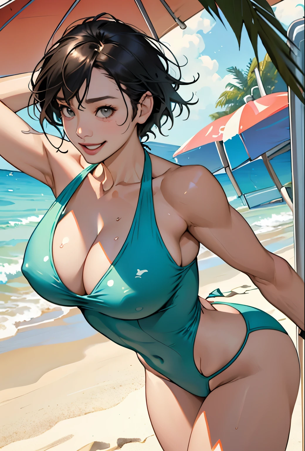 Realistic、Face reality、With a girl、Swimwear、Sexy smile、My breasts have gotten a little bigger、Sexy pose、From the front it looks like a one-piece, but from the back it looks like a mono bikini、