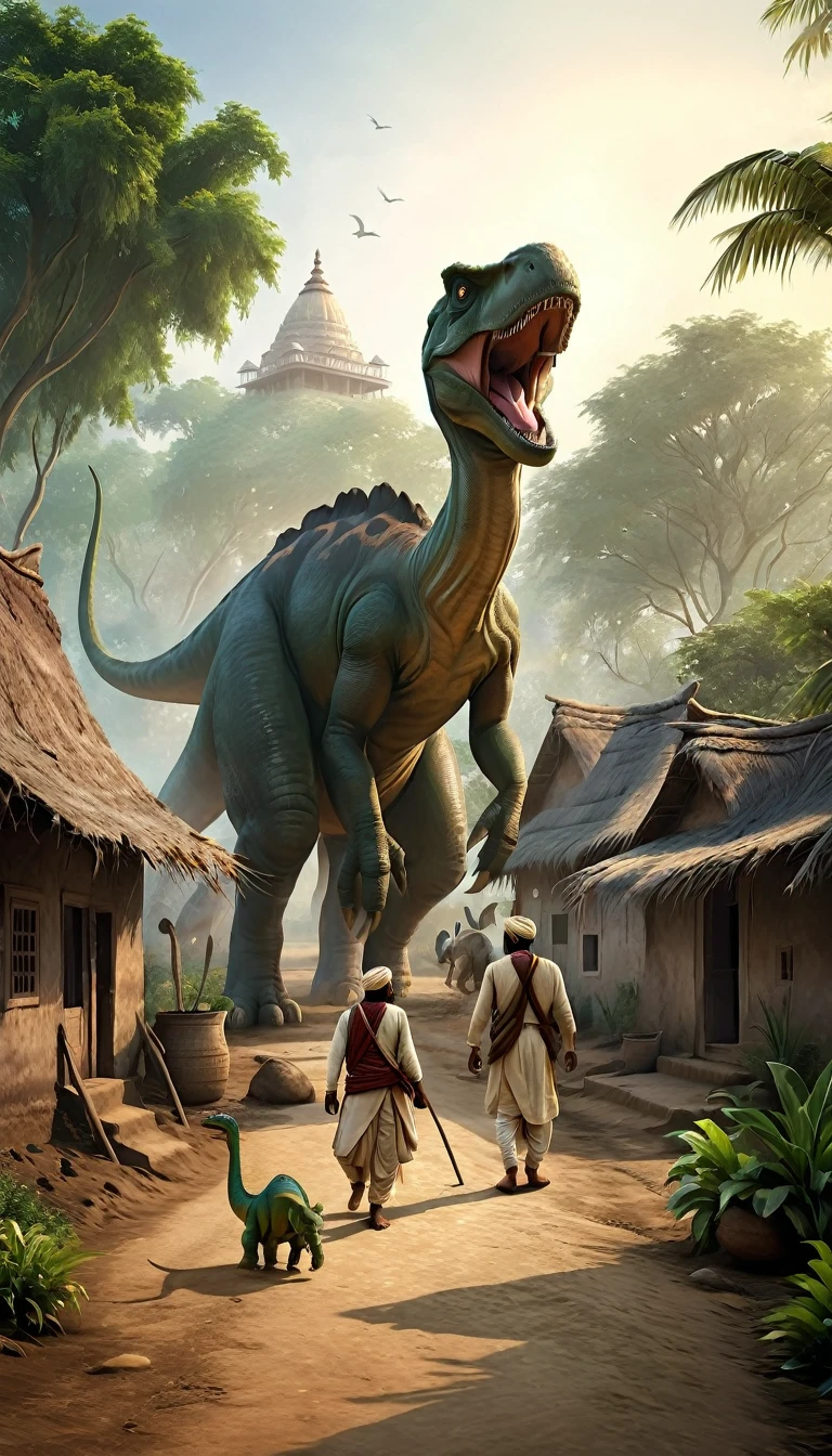 Create a photorealistic image set in an 1850s Indian village. A village man is walking alongside his pet, a large dinosaur. The man should be dressed in traditional 1850s Indian attire, and the dinosaur should be depicted as a friendly companion. The background should feature elements typical of an Indian village from that era, such as mud huts, lush greenery, and villagers going about their daily activities