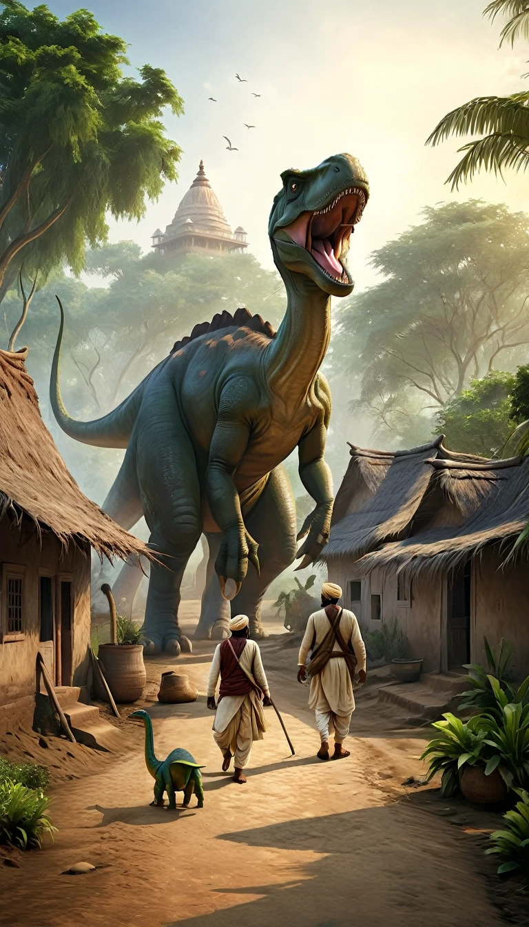 Create a photorealistic image set in an 1850s Indian village. A village man is walking alongside his pet, a large dinosaur. The man should be dressed in traditional 1850s Indian attire, and the dinosaur should be depicted as a friendly companion. The background should feature elements typical of an Indian village from that era, such as mud huts, lush greenery, and villagers going about their daily activities