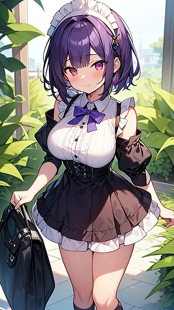 最high quality, high quality, Super detailed, 32k, Ultra-detailed details, {{The succubus maid has the face of my sister}}, (オンリー, Standing, pretty girl, beautiful purple hair, short hair, Beautiful RED eyes, mature, Big Breasts, A light smile, Off-the-shoulder sleeveless Summer cute maid outfit, Summer casual maid clothes, Short skirt, Blue and white color striped underwear, Black knee socks, loafers, She&#39;s holding 大きく up her skirt with both hands to show her underwear, 18-year-old,cute), A maid who moves her body vigorously without caring if her breasts bounce, Super detailed, indoor, maid Cafe, Full body image, ((Head to Toe:1.3)), NSFW