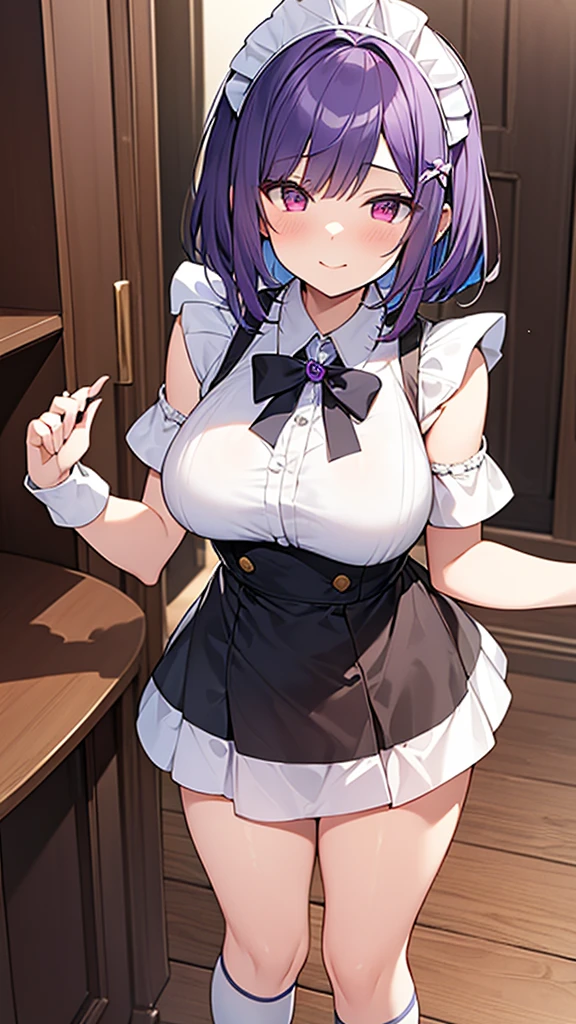 最high quality, high quality, Super detailed, 32k, Ultra-detailed details, {{The succubus maid has the face of my sister}}, (オンリー, Standing, pretty girl, beautiful purple hair, short hair, Beautiful RED eyes, mature, Big Breasts, A light smile, Off-the-shoulder sleeveless Summer cute maid outfit, Summer casual maid clothes, Short skirt, Blue and white color striped underwear, Black knee socks, loafers, She&#39;s holding 大きく up her skirt with both hands to show her underwear, 18-year-old,cute), A maid who moves her body vigorously without caring if her breasts bounce, Super detailed, indoor, maid Cafe, Full body image, ((Head to Toe:1.3)), NSFW