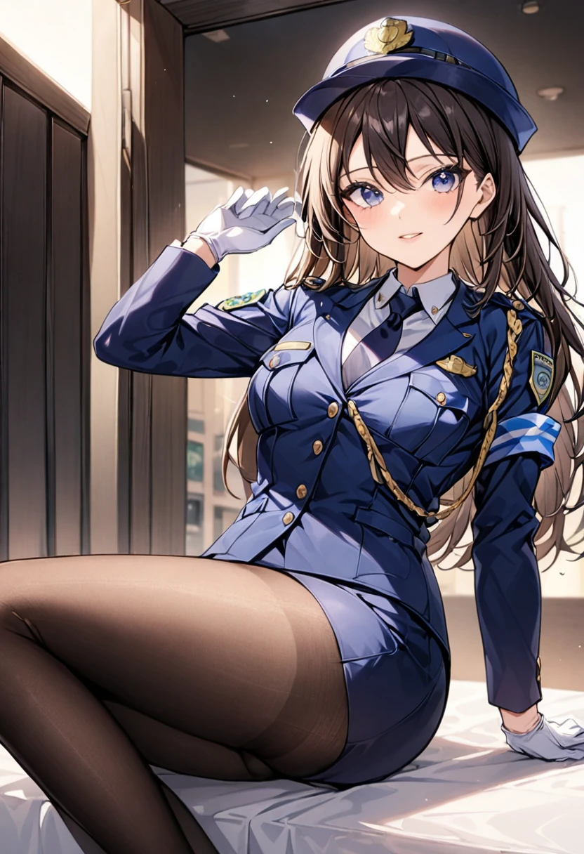 1girl、feet out of frame、Female police officer、紺色のFemale police officer、Female police officerの制帽、Uniform Buttons、Collared shirt、Black tie、Navy blue pencil skirt、Black Pantyhose、Uniform jacket、Black pumps、White gloves