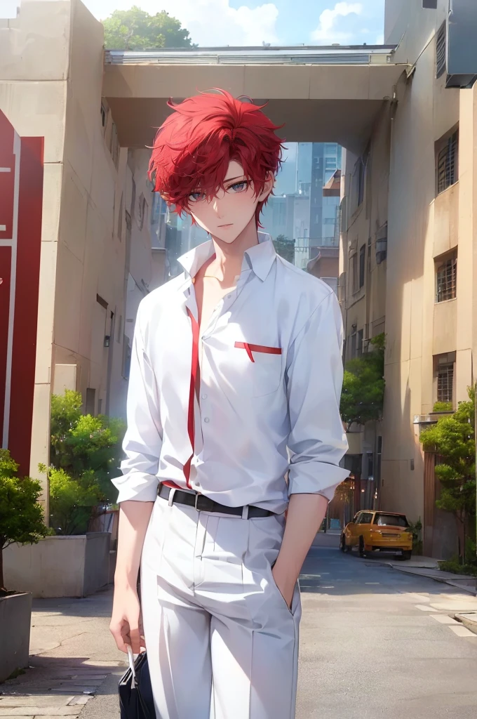 (4K works))、​masterpiece、(top-quality)、((Evening city))、((In front of the main gate of the workplace))、((In front of the main gate of the building))、View of the sunset、Korean Male、Adult male、((Adult male 26 years old))、((Face similar to Hyun Jin))、Cool Men、tall、((Gentle smile))、((Strong eyes))、((Wearing a white shirt),(Wearing long white pants))、((smaller face))、Slim body、((hooligan))、((Bright red short hair))、((hairstyle with a length above the ears,))、((Punk Hairstyles))、((light Blue eyes))、((shot from front))、((Shot alone))、((Solo Photography))、((He came to pick me up))、((He stands in front of the main gate of the building))