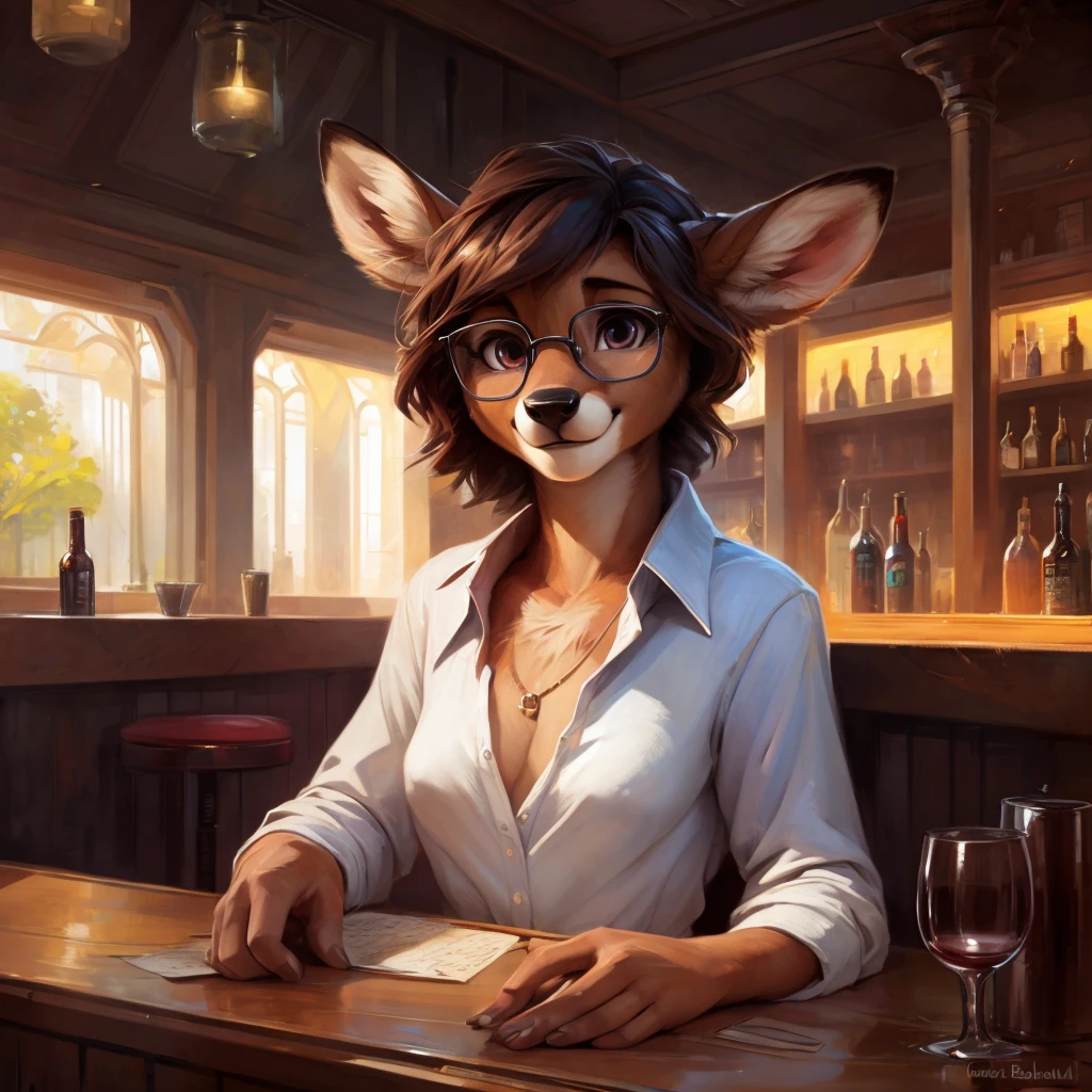 uploaded on e621, by Pixelsketcher, by Bayard Wu, by Thomas Benjamin Kennington , by Einshelm, by hioshiru and kenket, Chunie, portrait, solo anthro female deer doe, tiny featureless breasts, tiny breasts, clear dark blue, cinematic lighting, day, sunny day, sitting inside at a bar, bar background, party background, shiny, short curly dark brown hair, short hair, wears big black nerd glasses, very very beautiful furry art, furry art, thoughtful, shiny, feminine, cute face, muzzle, fluffy chest, flawless face, Fallow deer, 1girl, Sakimichan is beautiful, Masterpiece, Wavethesallow Face, shiny, Detailed image, Detailed background, portrait, Detailed image, portrait, wears pure white wide, big blouse, shiny, realistic face, perfect anatomy, hourglass body, anthropomorphic deer, happy, very happy, small ears, huge black nerd glasses, wide happy eyes, look at viewer, smiles, big smile, holdind a glass of wine, hourglass body, (furry body:1.1), anthropomorphic deer, small fluffy tail, detailed background, (cute anatomy:1.1), looks into the distance
