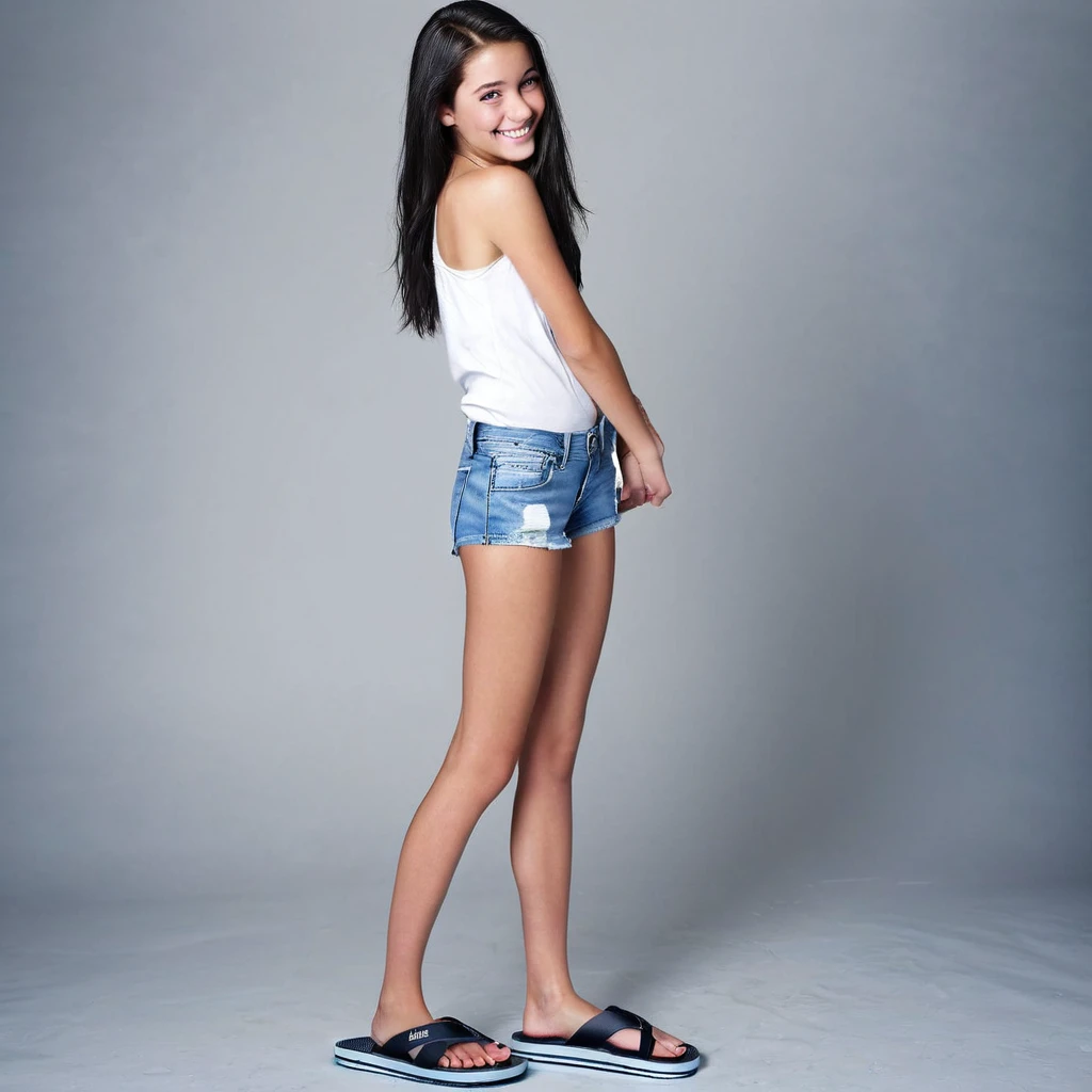 lifelike, high - resolution, 2 full body, skinny, skinny sexy teenage girl with a perfect body, , amazing beauty, extraordinarily attractive, Super fine face and eyes, beautiful smile, long black hair, light denim short shorts, bending over, cheeks hanging out, wet, flip flops, pretty feet, perfect feet, perfect toes, detailed feet