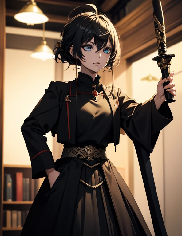 picture, A woman dressed in black and gold and holding a sword (Fantasy style demo:1)  