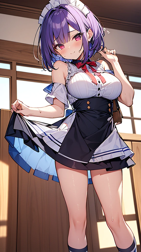 最high quality, high quality, Super detailed, 32k, Ultra-detailed details, waitress(only, Standing, pretty girl, beautiful purple hair, short hair, Beautiful RED eyes, mature, Big Breasts, A light smile, Off-the-shoulder sleeveless Summer メイド服, Summer casual maid clothes, Short skirt, Blue and white color striped underwear, Black knee socks, loafers, My crotch is wet with love juice, 18-year-old,cute), {{A succubus disguised as a waitress approached the target man's sister, peeled off the skin of the sister's face, and stuck it on her own face, becoming the waitress succubus's face., The hem of her skirt is lifted high, exposing her underwear}}, She has transformed from a shy maid into a lewd one., A maid with her sister's face stuck on her face is vigorously pistoning her body, A maid who moves her body vigorously without caring if her breasts bounce, Super detailed, indoor, Full body image, ((Head to Toe:1.3)), NSFW
