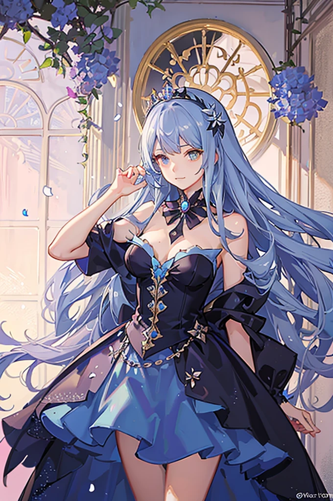 A girl with long blue hair, wearing a royal dress, on her head is a royal palace, surrounded by falling hydrangea petals, magical and shimmering colors, magical and sparkling effects, all remote scene