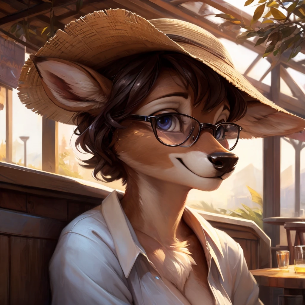 uploaded on e621, by Pixelsketcher, by Bayard Wu, by Thomas Benjamin Kennington , by Einshelm, by hioshiru and kenket, Chunie, portrait, solo anthro female deer doe, tiny featureless breasts, tiny breasts, clear dark blue, cinematic lighting, day, sunny day, sitting outside at a café, café background, french background, old french background, shiny, short curly dark brown hair, short hair, wears big black nerd glasses, very very beautiful furry art, furry art, thoughtful, shiny, feminine, cute face, muzzle, fluffy chest, flawless face, Fallow deer, 1girl, Sakimichan is beautiful, Masterpiece, Wavethesallow Face, shiny, Detailed image, portrait, Detailed image, portrait, wears pure white wide, big blouse, wears beige summer straw hat, shiny, realistic face, perfect ???????, hourglass body, anthropomorphic deer, happy, very happy, small ears, huge black nerd glasses, wide happy eyes, look at viewer, smiles, big smile, hourglass body, (furry body:1.1), anthropomorphic deer, small fluffy tail, detailed background, (cute ???????:1.1), looks into the distance