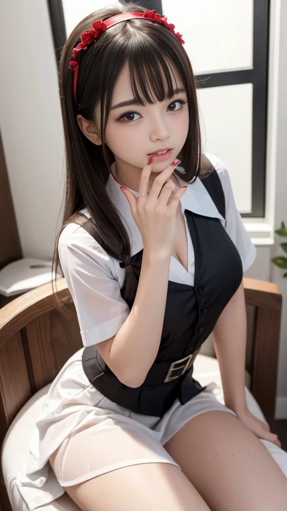 (8K, Highest quality, masterpiece:1.2, RAW Photos), One girl, ( girl, Idol, beautiful girl, Baby Face:1n Dentition:1.5), night, (dark), Clear background indoors, Beautiful Bangs, nice, (Clothing and uniforms:1.3), (Attractive breasts:1.4, Cleavage), ((奇妙なdark部屋:1.3)), (Mouth closed:1.2, Beautiful Eyes, Fine grain, Detailed Iris, Beautiful Lips, Beautiful Nose, Beautiful Face), (primary color:1.5), (Beautifully glowing eyes:1.3), (Detailed eyes and face:1.3, Professional photography techniques), (Detailed hands:1.2), (Gaze at the viewer, blush:1.2), (Red nails:1.2)