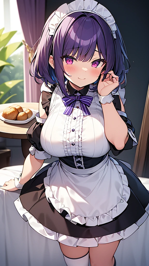 最high quality, high quality, Super detailed, 32k, Ultra-detailed details, {{The succubus maid has the face of my sister}}, (オンリー, Standing, pretty girl, beautiful purple hair, short hair, Beautiful RED eyes, mature, Big Breasts, A light smile, Off-the-shoulder sleeveless Summer cute maid outfit, Summer casual maid clothes, Short skirt, Blue and white color striped underwear, Black knee socks, loafers, She's holding 大きく up her skirt with both hands to show her underwear, 18-year-old,cute), A maid who moves her body vigorously without caring if her breasts bounce, Super detailed, indoor, maid Cafe, Full body image, ((Head to Toe:1.3)), NSFW